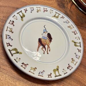 Charming New with Tag Golden Rabbit Enamel Baby Plate Hobby Horses Equestrian